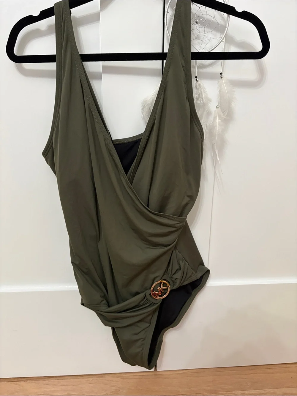 Michael Kors Olive Green Draped One-Piece Swimsuit with Gold Ring